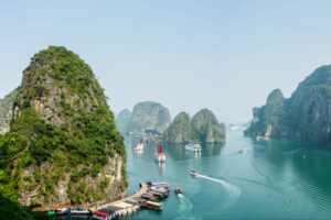 Busy cove in Halong Bay, Vietnam